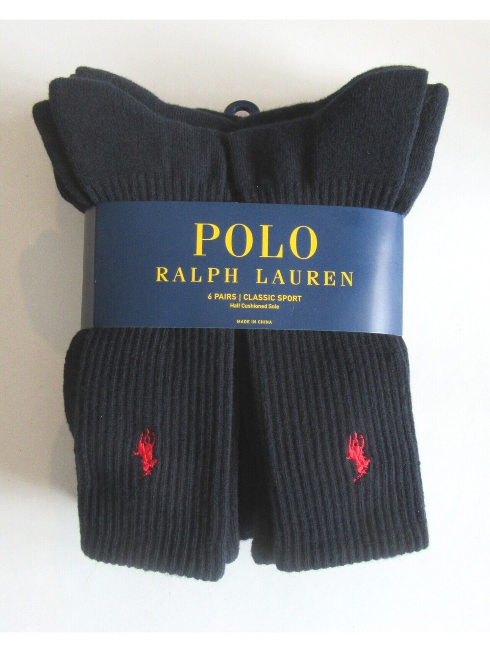 Polo Ralph Lauren Mens Crew Socks Navy Blue with Red Pony 6 pack NWT